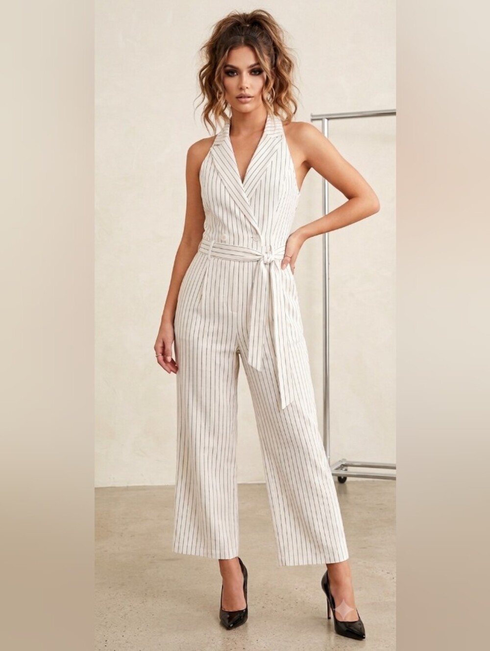 a new day Cream Pinstripe Halter Jumpsuit